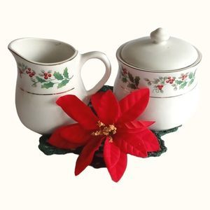 Vintage Gibson Everyday China Creamer and Sugar Set Christmas Holly and Berries